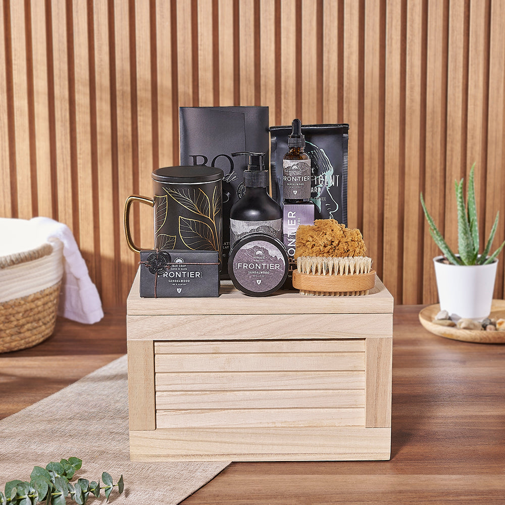 Gourmet Dark Chocolate and Coffee Spa Gift Crate for Men – how the gift is presented