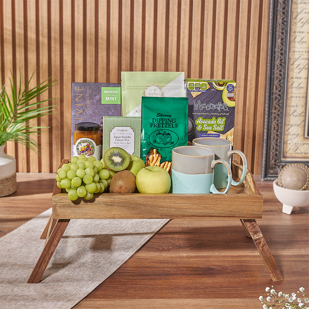 Acacia Wood Bed Tray Gift with Gourmet Snack Selection – how the gift is presented