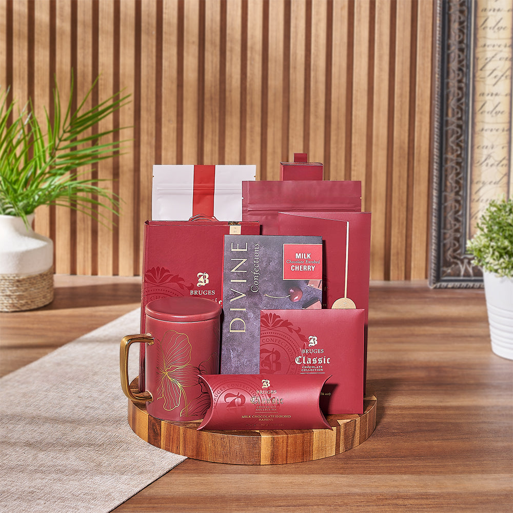 Gourmet Chocolate Selection Gift Basket with Red and Gold Mug – how the gift is presented