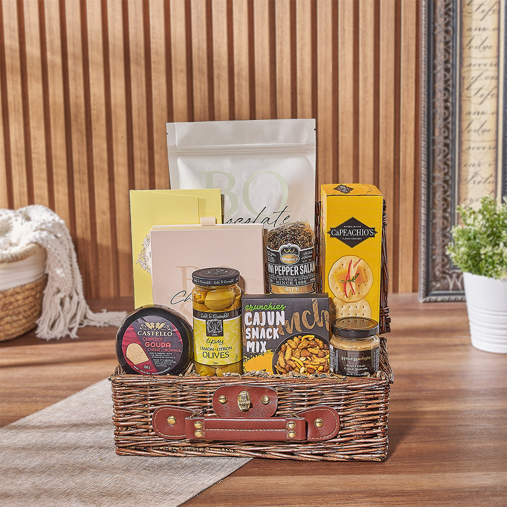 Gourmet Snack Assortment Gift Basket in Wicker Picnic Basket – how the gift is presented