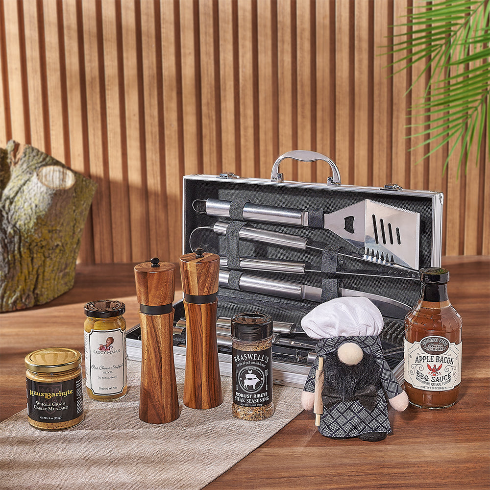 Gourmet Grilling Set Gift Basket with Blue Cheese Olives – how the gift is presented