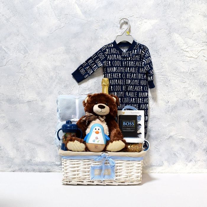 Champagne and Baby Gift Basket with Plush Bear and Blanket – how the gift is presented