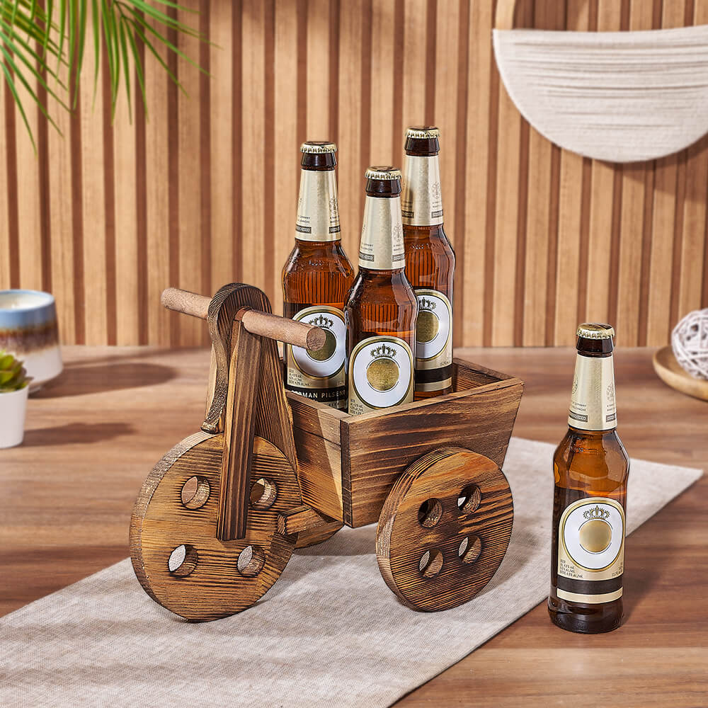 Classic Beer 4-Bottle Gift Set in Wooden Cart – how the gift is presented
