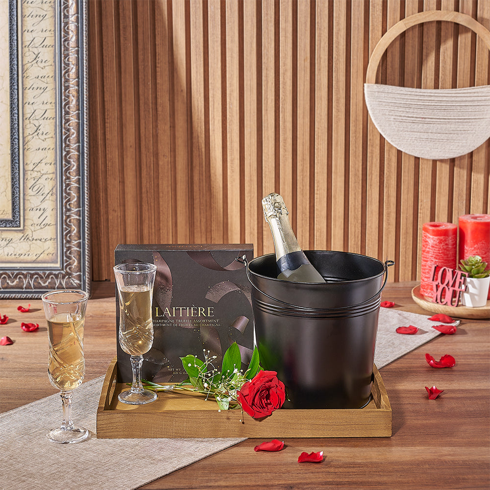 Valentine's Day Sparkling Wine Gift with Red Rose and Truffles – how the gift is presented
