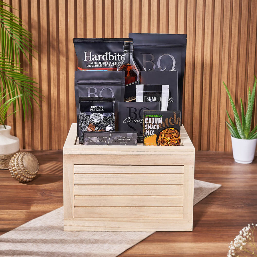 Carleton Liquor & Snack Crate, liquor gift, liquor, snack gift, snack, chocolate gift, chocolate, Los Angeles delivery