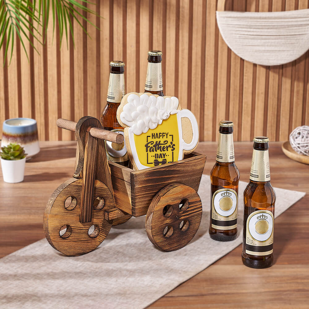 Beer Gift Basket in Wooden Cart with Father's Day Mug Cookie – how the gift is presented