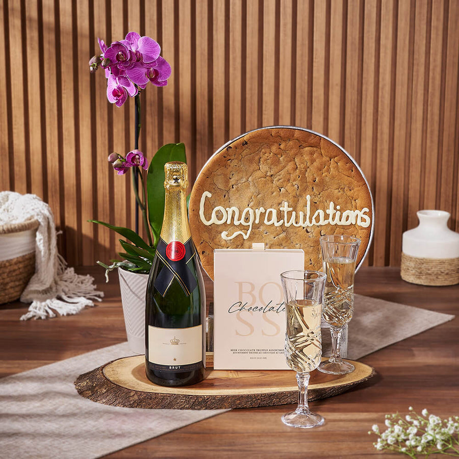 Congratulations Cookie & Champagne Gift Set, champagne gift, champagne, sparkling wine gift, sparkling wine, giant cookie gift, giant cookie, orchid gift, orchid, Los Angeles delivery