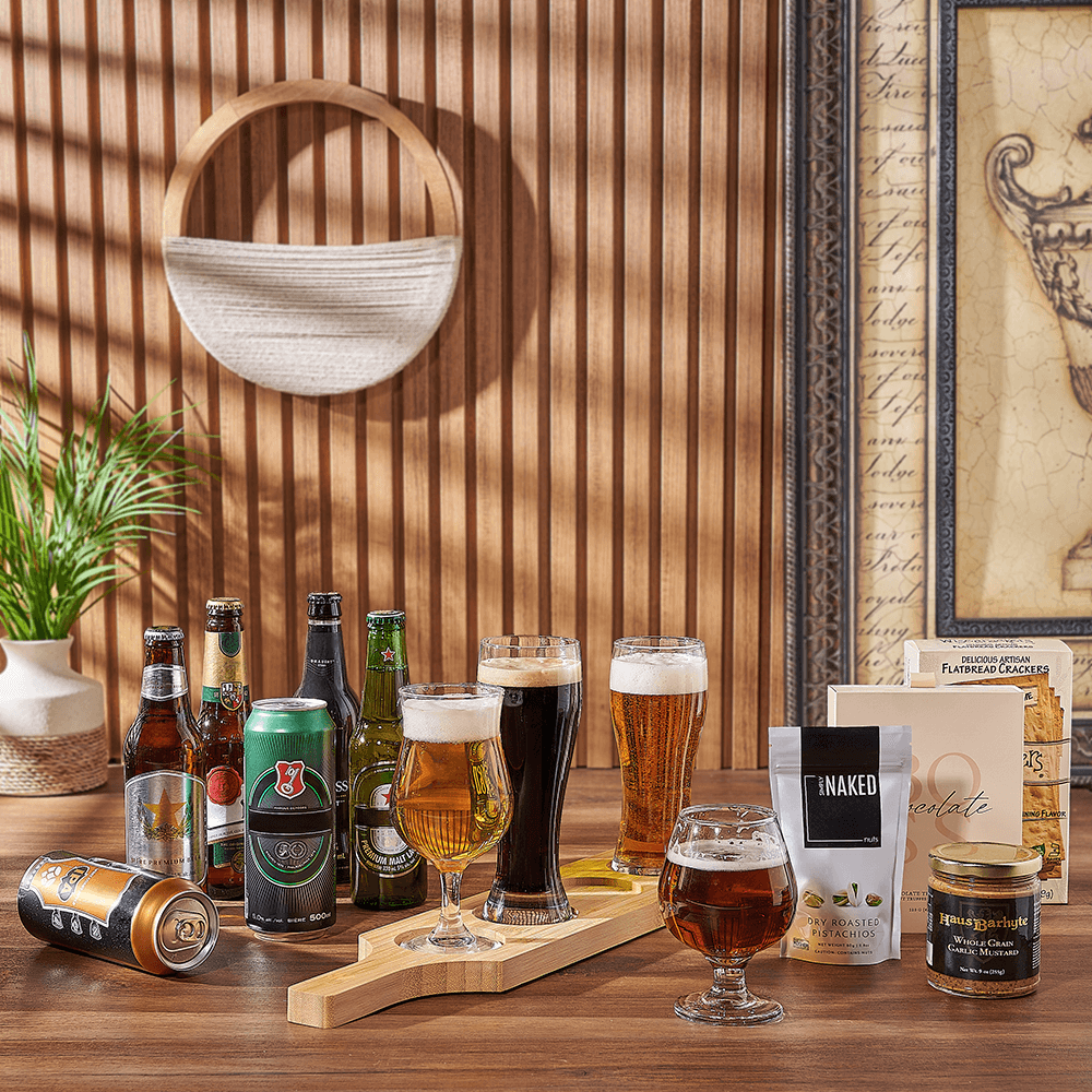 Craft Beer Gift Basket with Gourmet Snacks and Flight Board – how the gift is presented