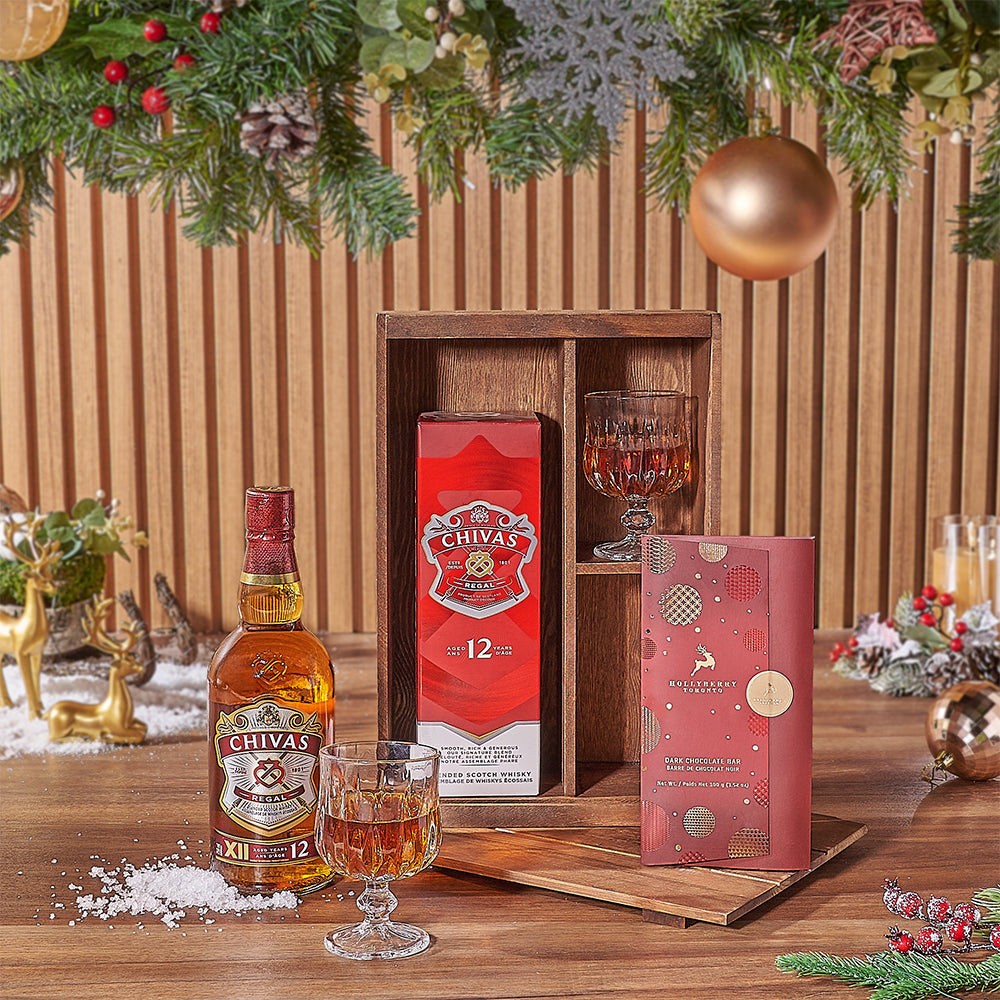 Holiday Wooden Whiskey Gift Set with Chocolate and Two Glasses – how the gift is presented