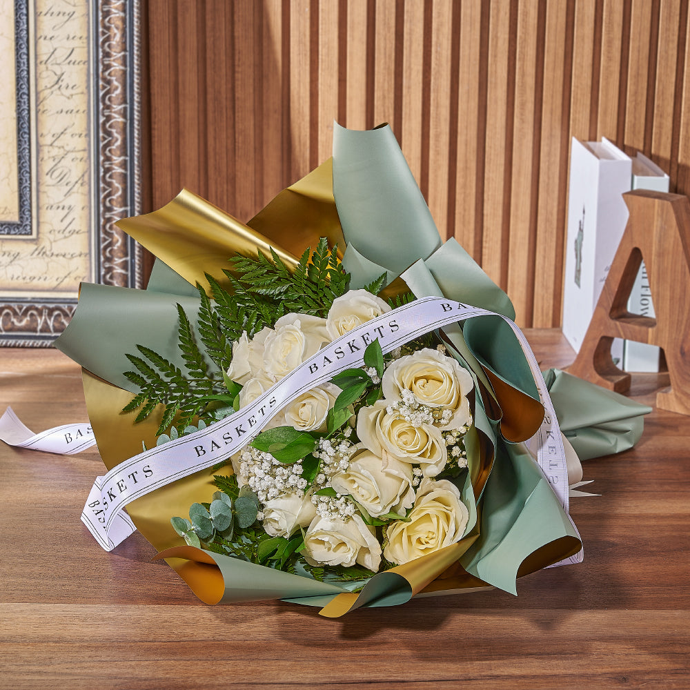 Classic White Rose Bouquet Tied with Designer Ribbon – how the gift is presented