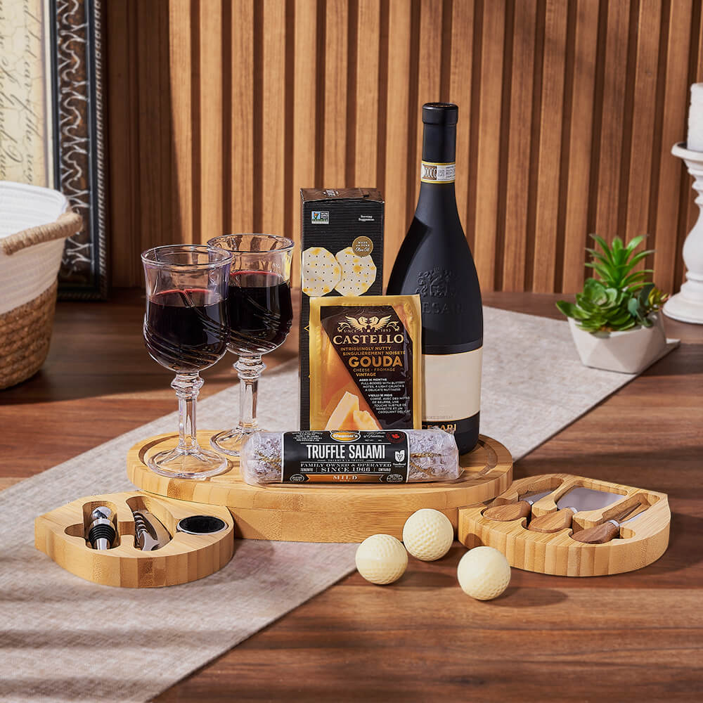 Wine Gift Basket Featuring Capeachio's Crackers and White Chocolate Golf Balls – how the gift is presented