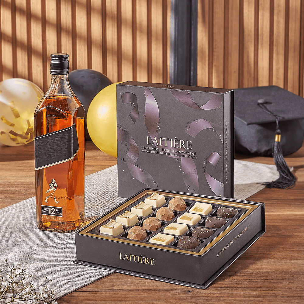 Graduation Liquor and Laitière Truffle Basket – how the gift is presented