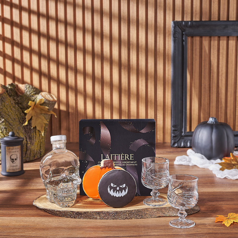 Crystal Head Vodka with Gourmet Halloween Cookies Gift Basket – how the gift is presented