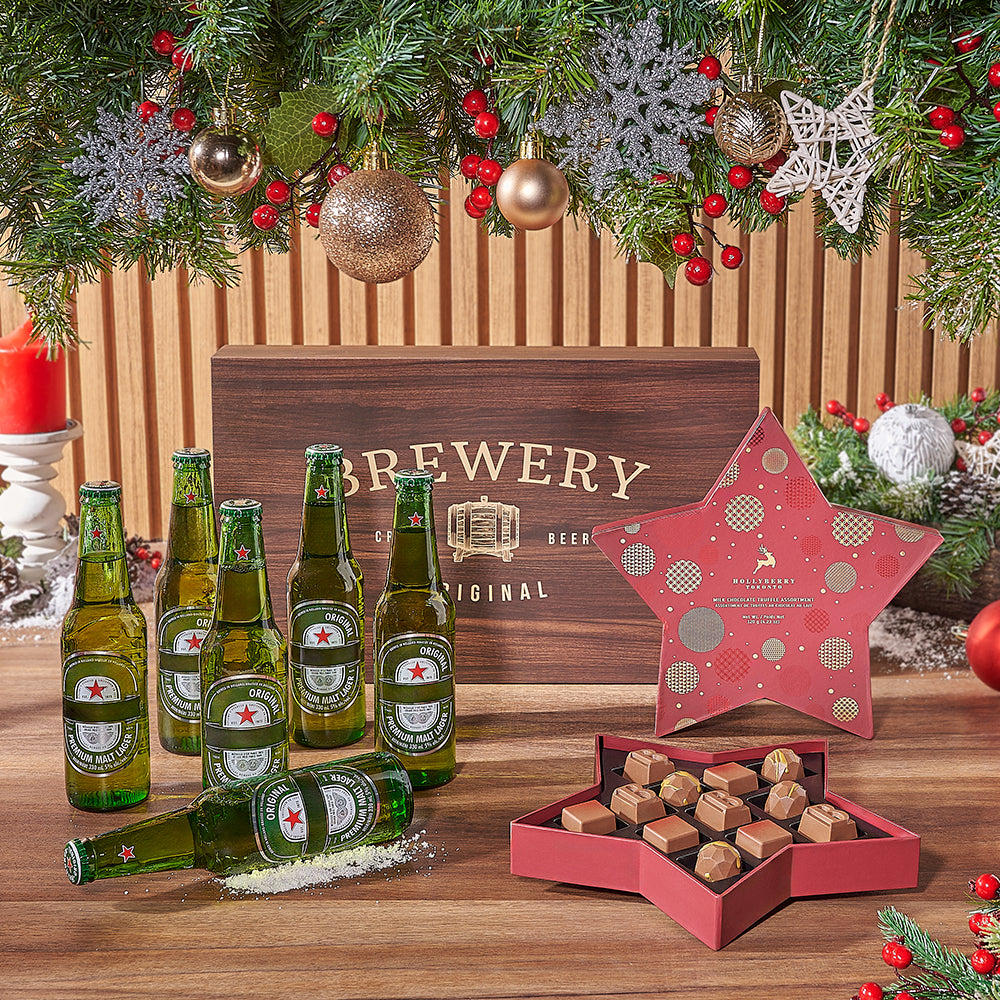 Holiday Beer and Hollyberry Truffle Gift Basket – how the gift is presented