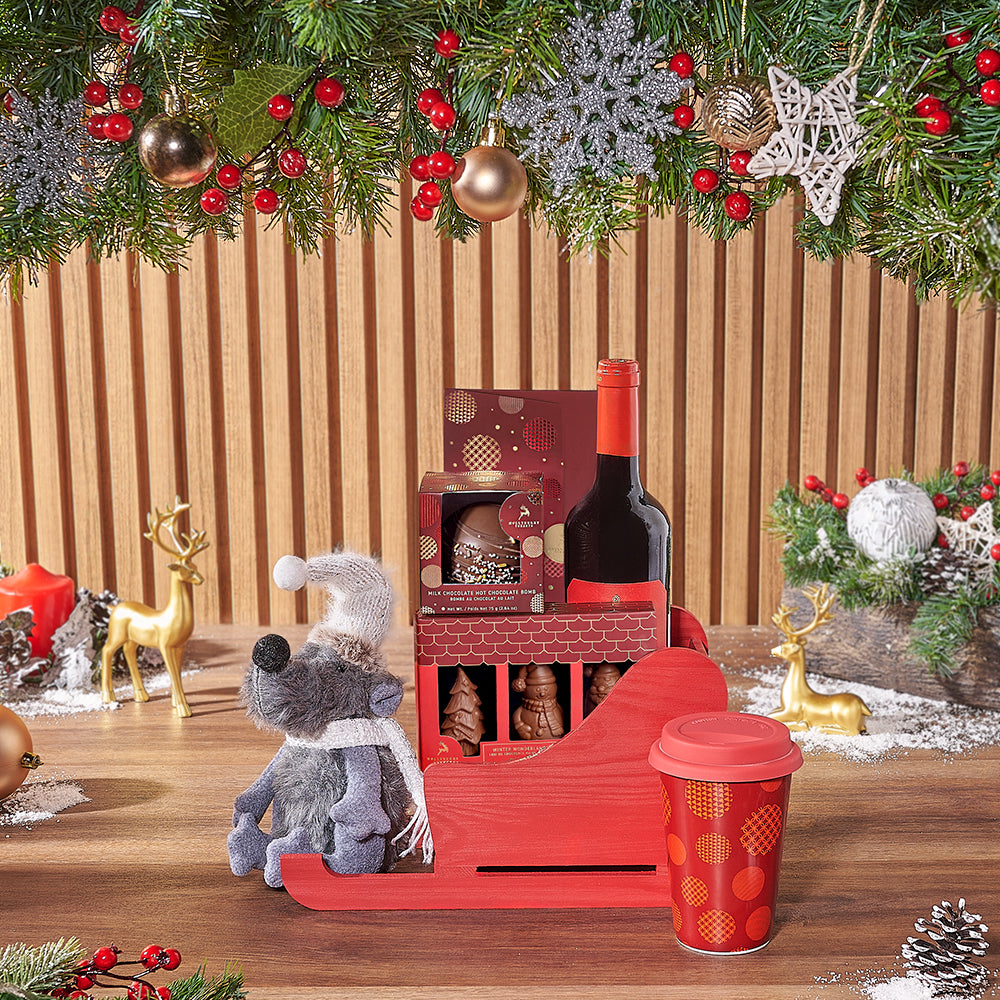Holiday Wine and Gourmet Chocolate Basket – how the gift is presented