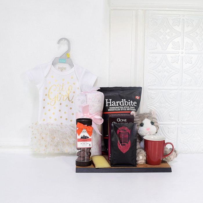 Premium Baby Girl Gift Basket with Tutu Onesie and Gourmet Snacks – how the gift is presented