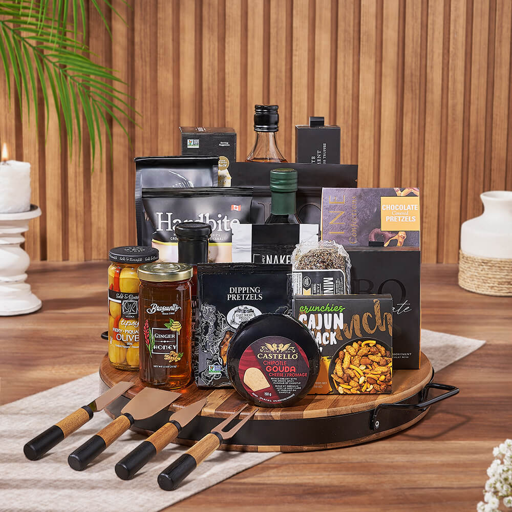 Whiskey and Artisan Cheese Gift Basket with Gourmet Snacks and Cutting Board – how the gift is presented