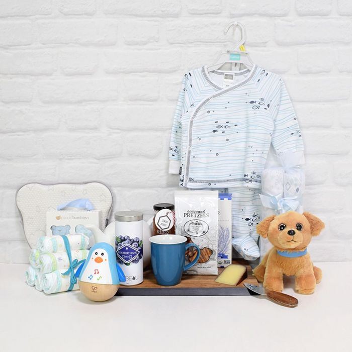 Exclusive Baby Basket Featuring Luxury Apparel and Gourmet Treats – how the gift is presented
