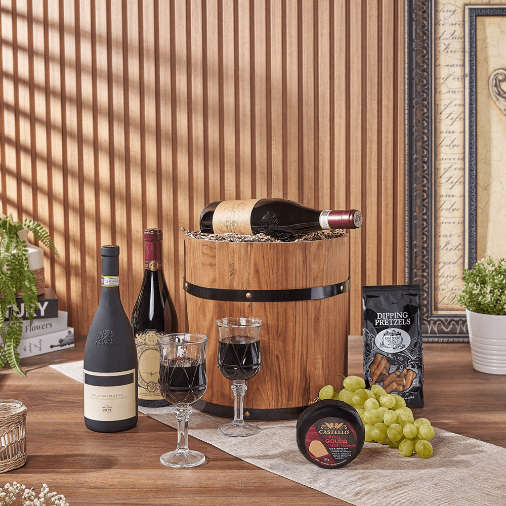 Table Wine Trio in Wooden Half Barrel with Castello Cheese and East Shore Snacks – how the gift is presented