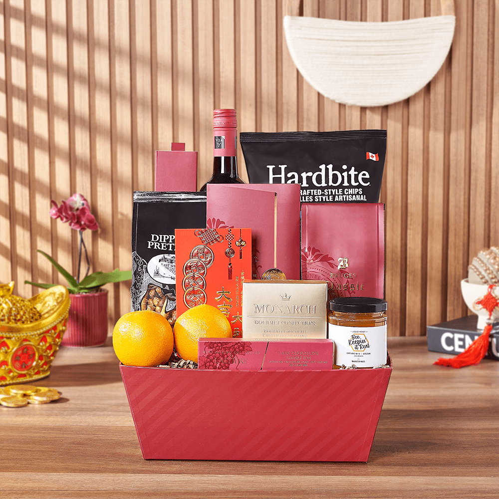Wine Basket with Coffee and Snacks – how the gift is presented