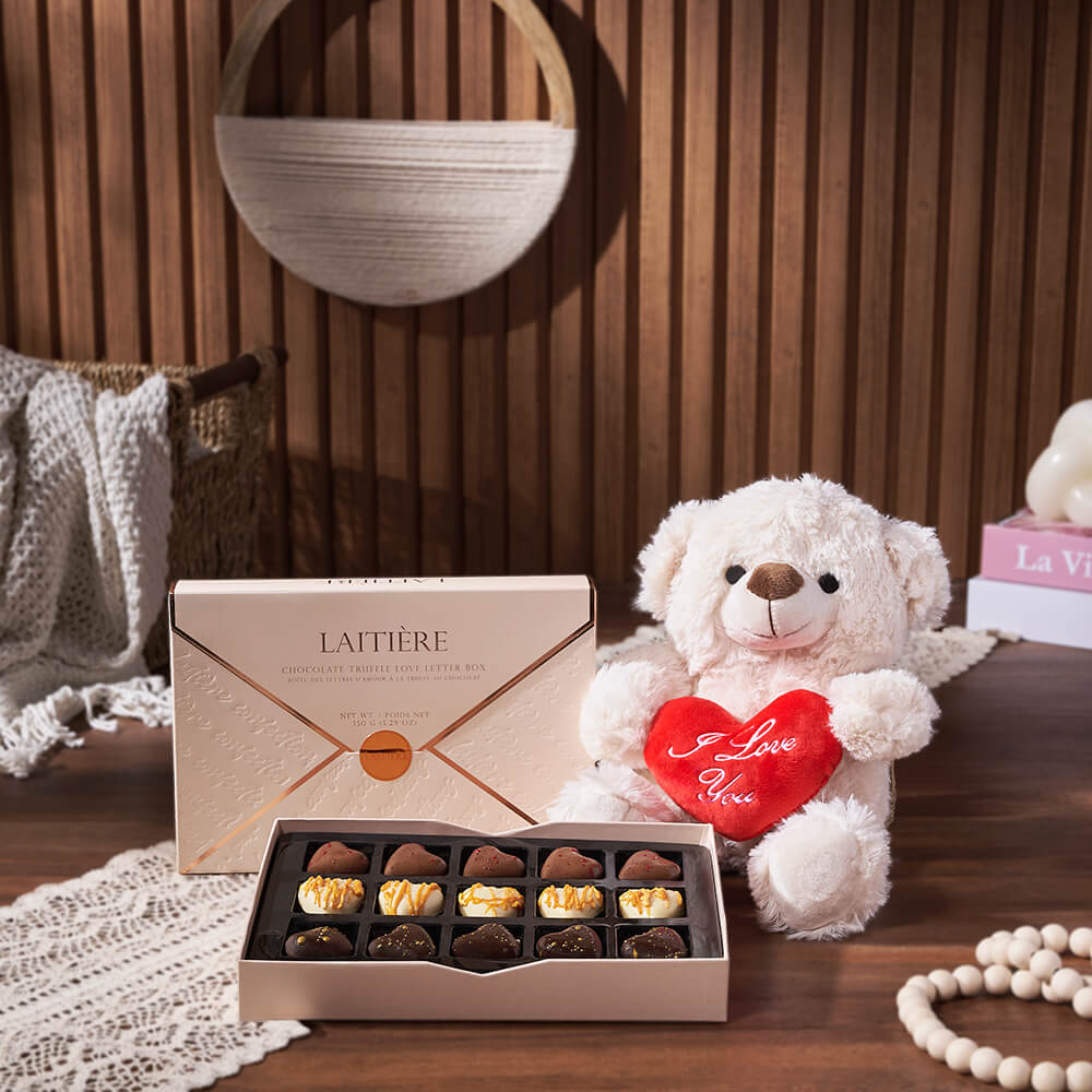 Plush Bear Gift Set with Laitière Gourmet Chocolate Truffles – how the gift is presented