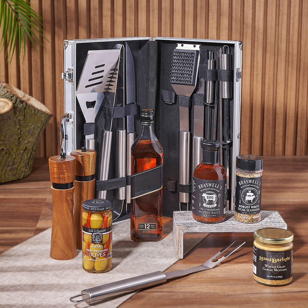 Deluxe Spirits Gift Basket with BBQ Sauces and Grilling Tools – how the gift is presented