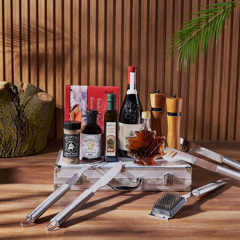 Premium Wine Gift Basket Featuring Maple Syrup and Grilling Set – how the gift is presented