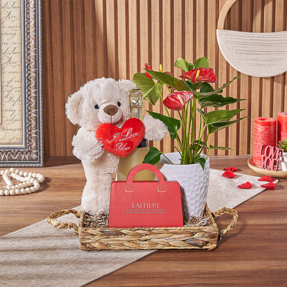 Valentine's Day Gift Tray with Anthurium, Plush Bear, and Sparkling Wine – how the gift is presented