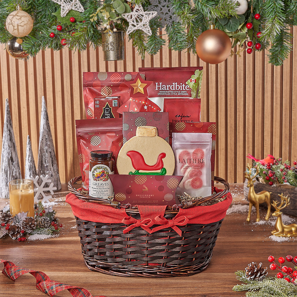 Holiday Gourmet Treats Gift Basket in Oval Wicker – how the gift is presented