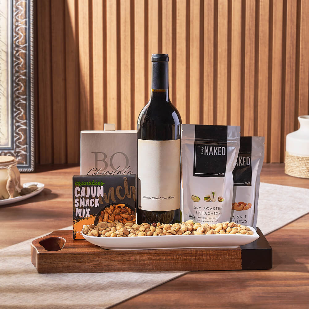 Gourmet Wine Gift Basket with Chocolate Truffles and Nuts – how the gift is presented