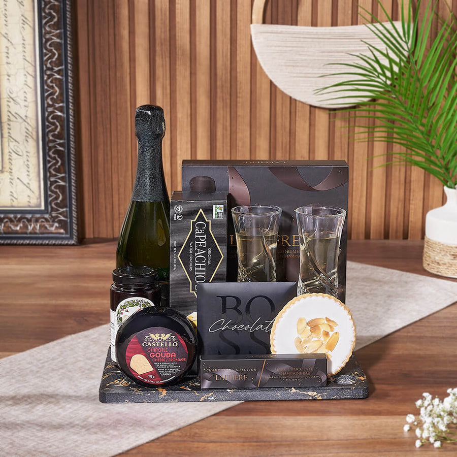 Oakridge Elegant Champagne Basket, champagne gift, champagne, sparkling wine gift, sparkling wine, chocolate gift, chocolate, Los Angeles delivery