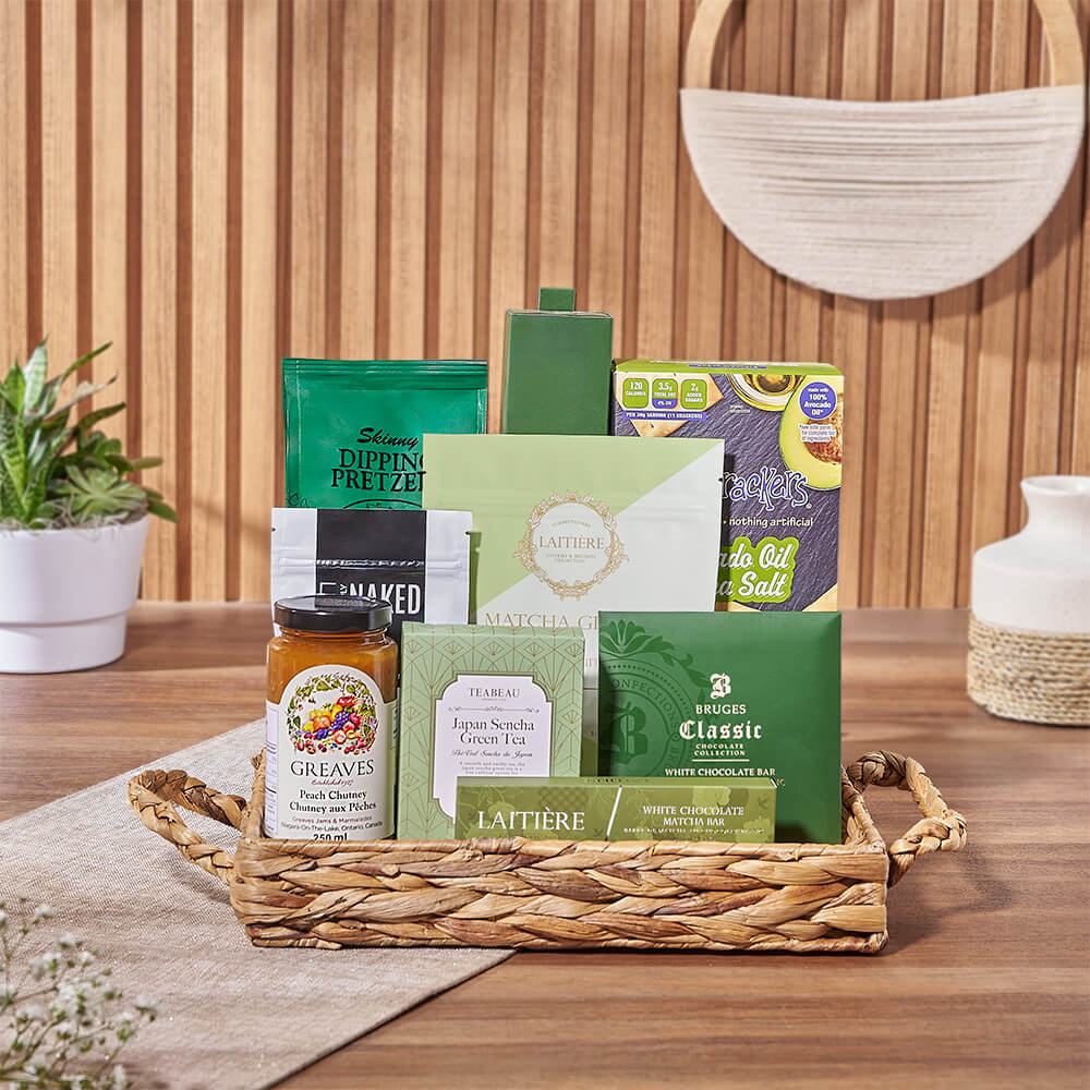 Gourmet Tea and Snack Tray Gift in Woven Rectangular Basket – how the gift is presented