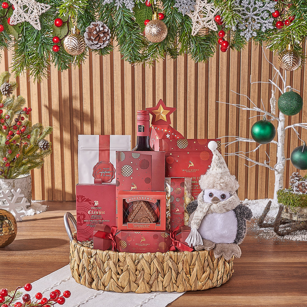 Festive Wine Gift Basket with Holiday Chocolates and Plush – how the gift is presented
