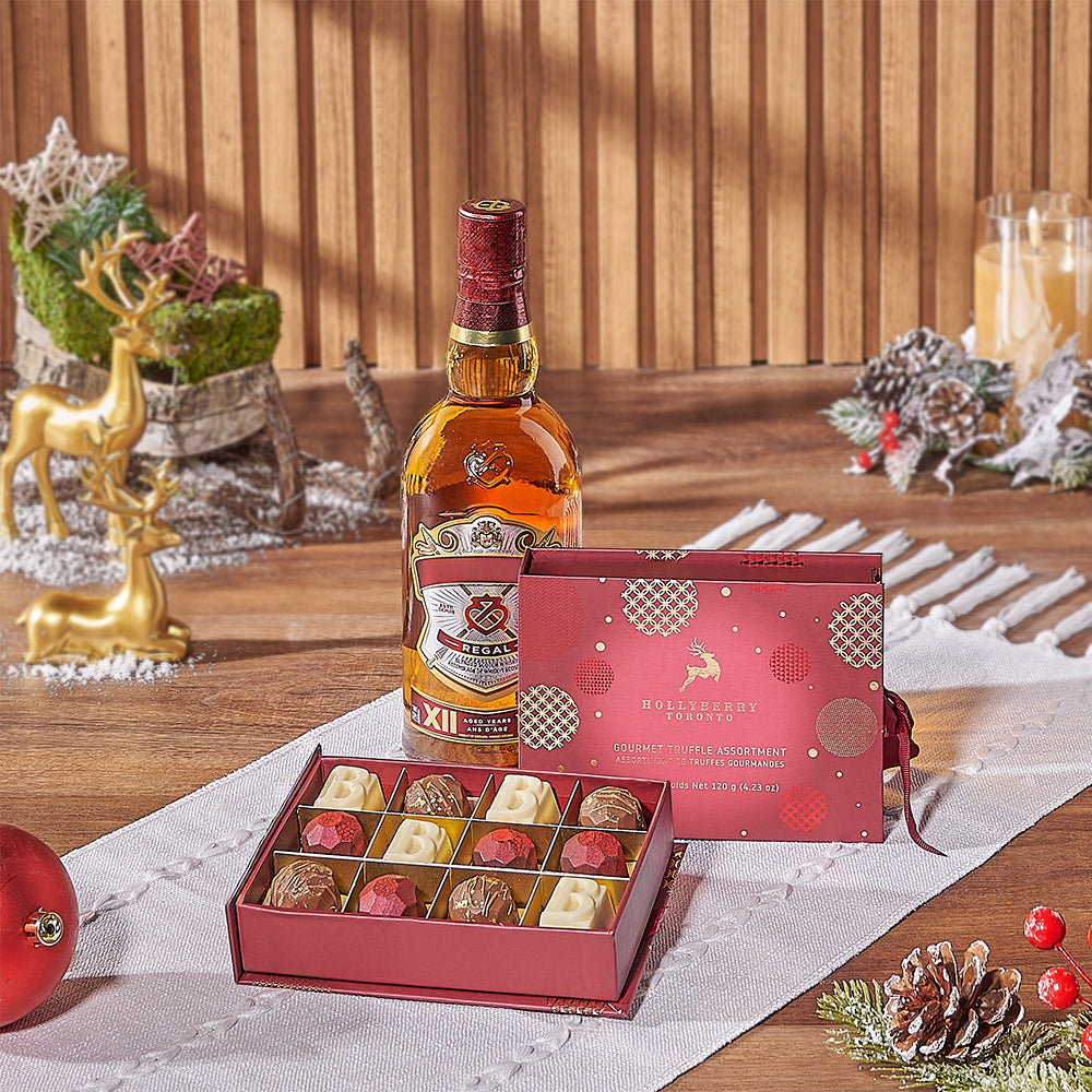 Whiskey and Festive Truffles Gift Basket – how the gift is presented