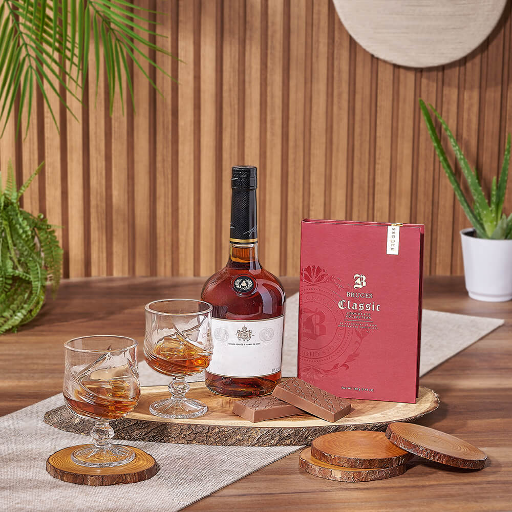Vodka Basket with Live-Edge Coasters – how the gift is presented