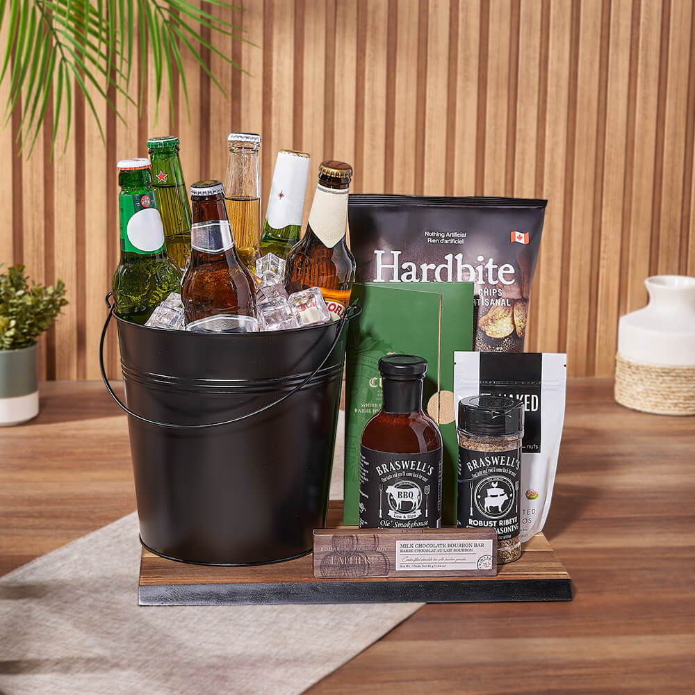 Premium Six-Pack Beer Gift Basket with White Chocolate and Steak Seasoning – how the gift is presented