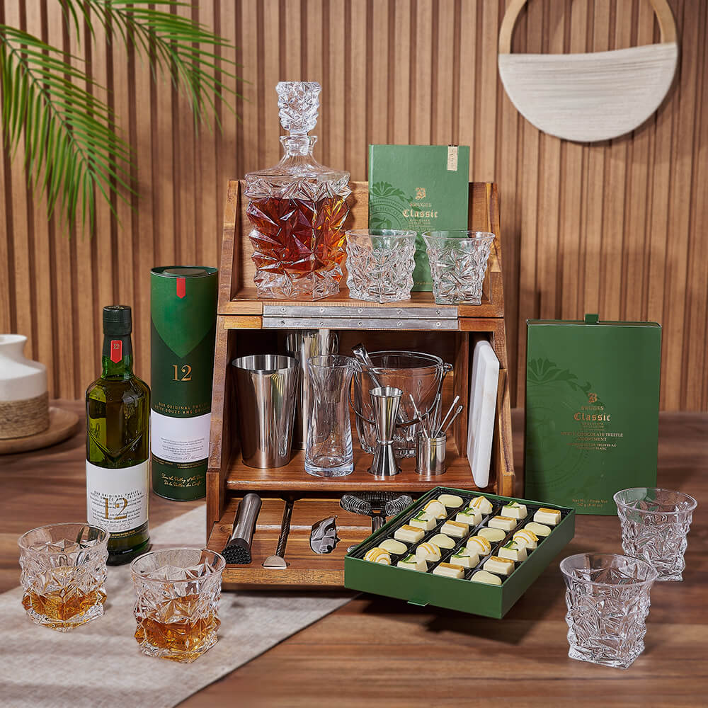 Whiskey Table Top Bar Set with Gourmet Chocolate Selection – how the gift is presented