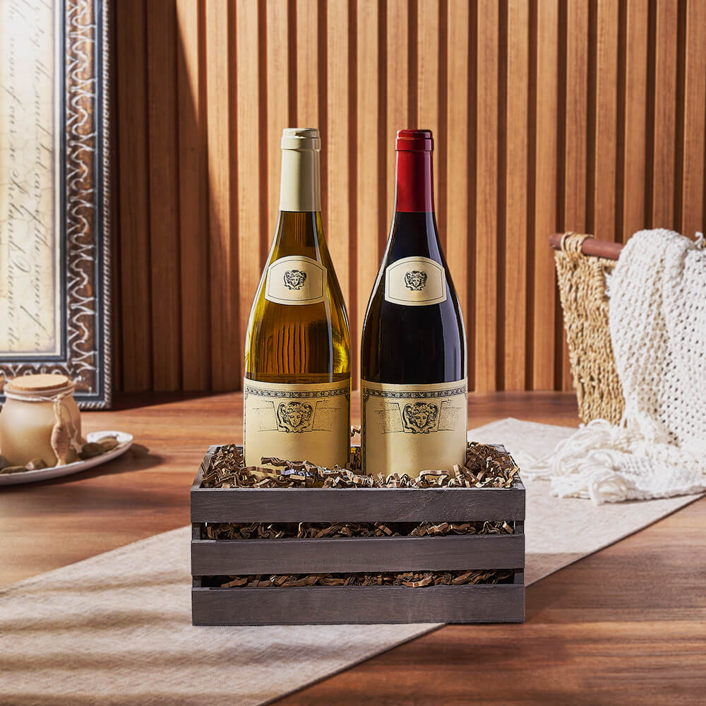 Refined Two-Bottle Wine Gift Basket in Distressed Grey Crate – how the gift is presented
