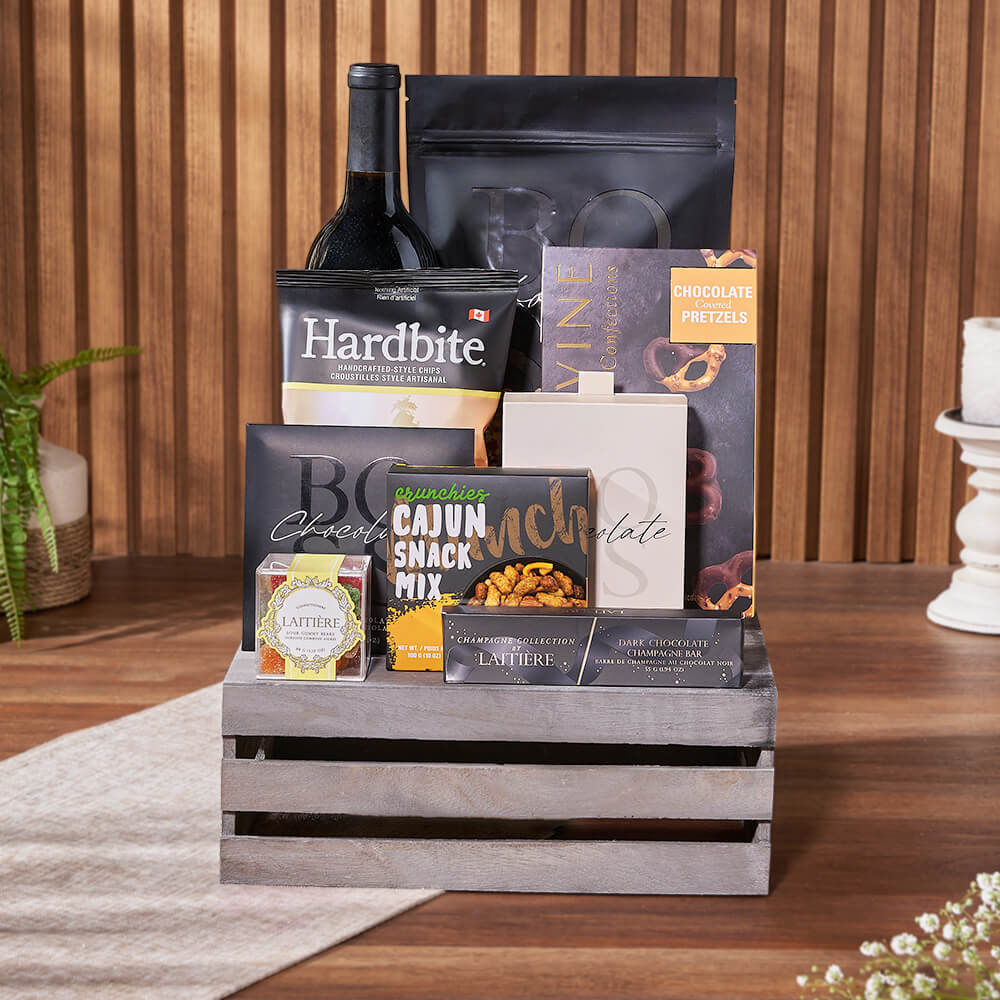 Wine Basket with Assorted Snacks – how the gift is presented