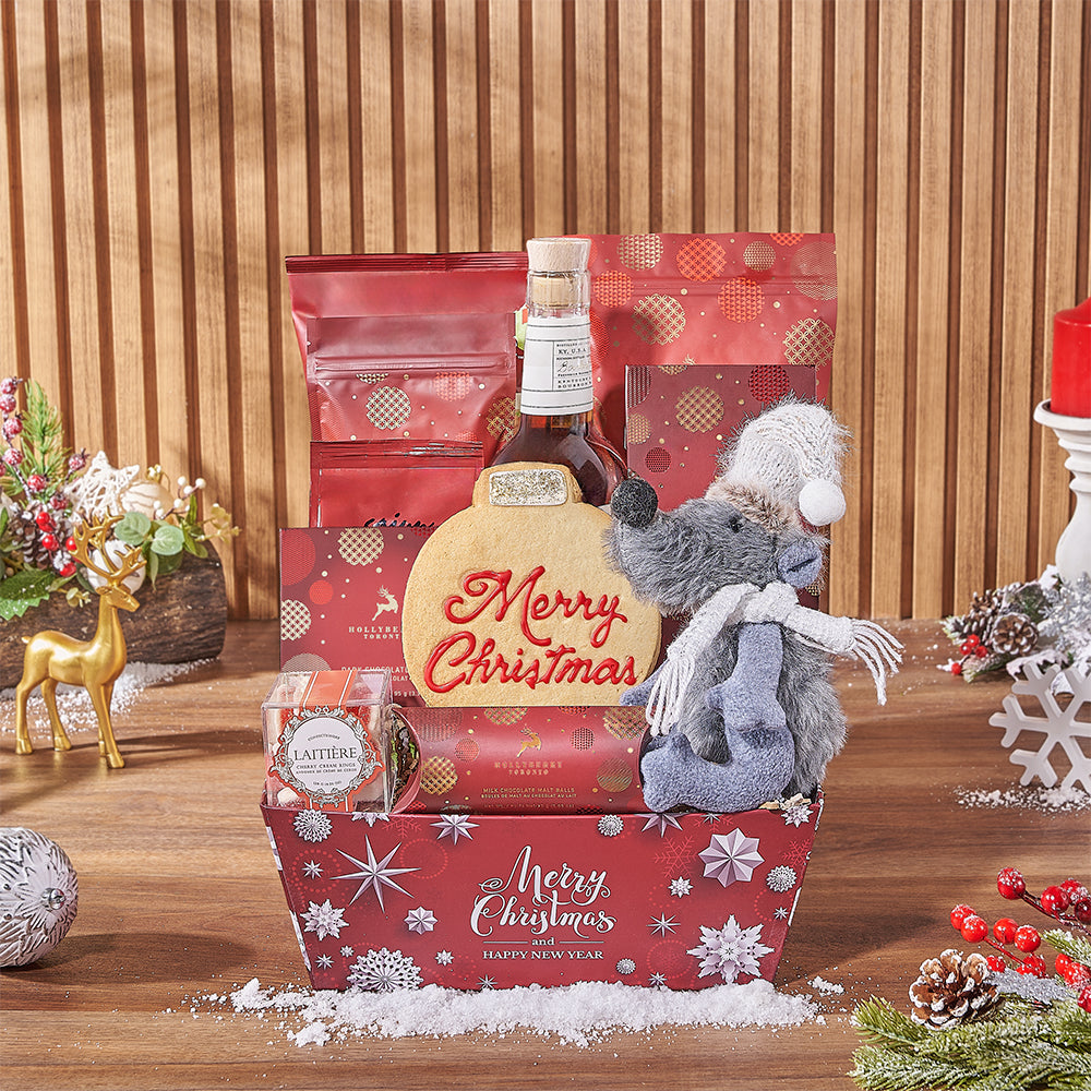 Whiskey Gift Basket with Christmas Treats – how the gift is presented