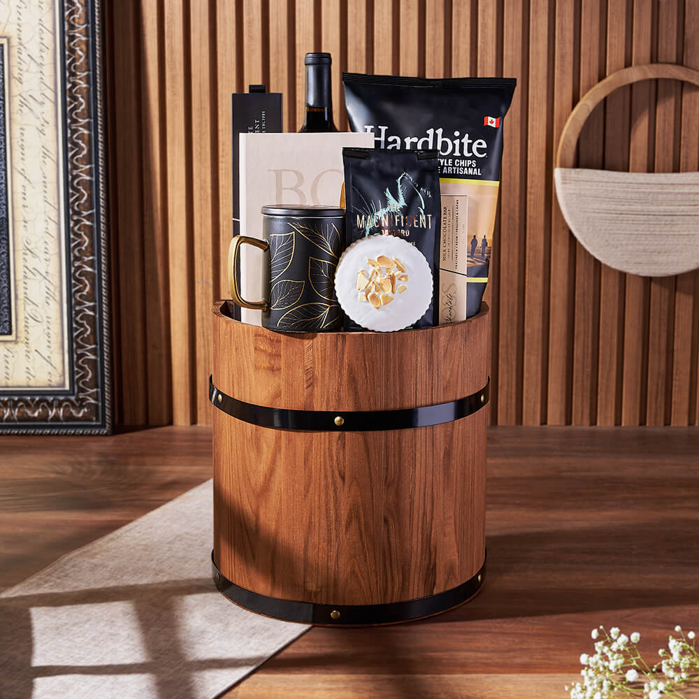 Wooden Half Barrel Wine Gift Basket Featuring Hardbite Chips and Boss Chocolates – how the gift is presented