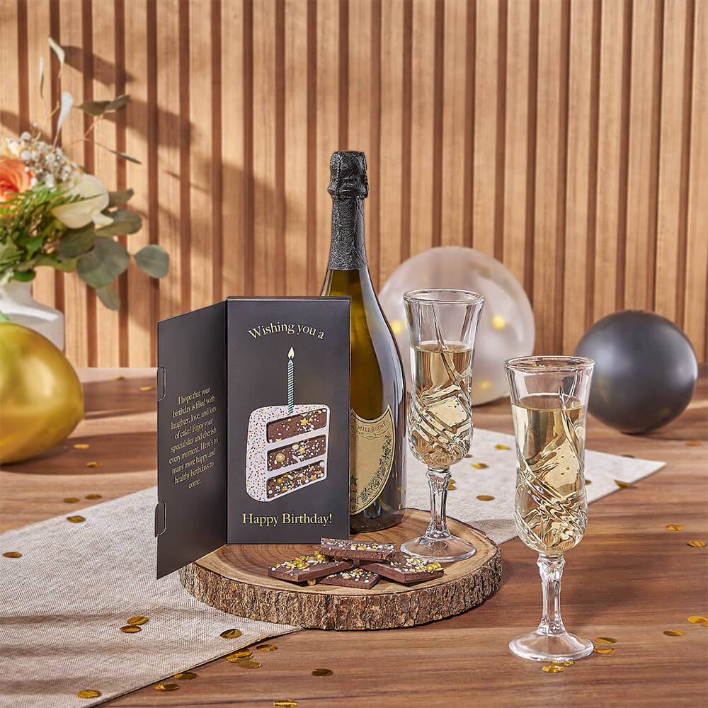 Birthday Sparkling Wine Gift Featuring Laitière Chocolate and Glasses – how the gift is presented