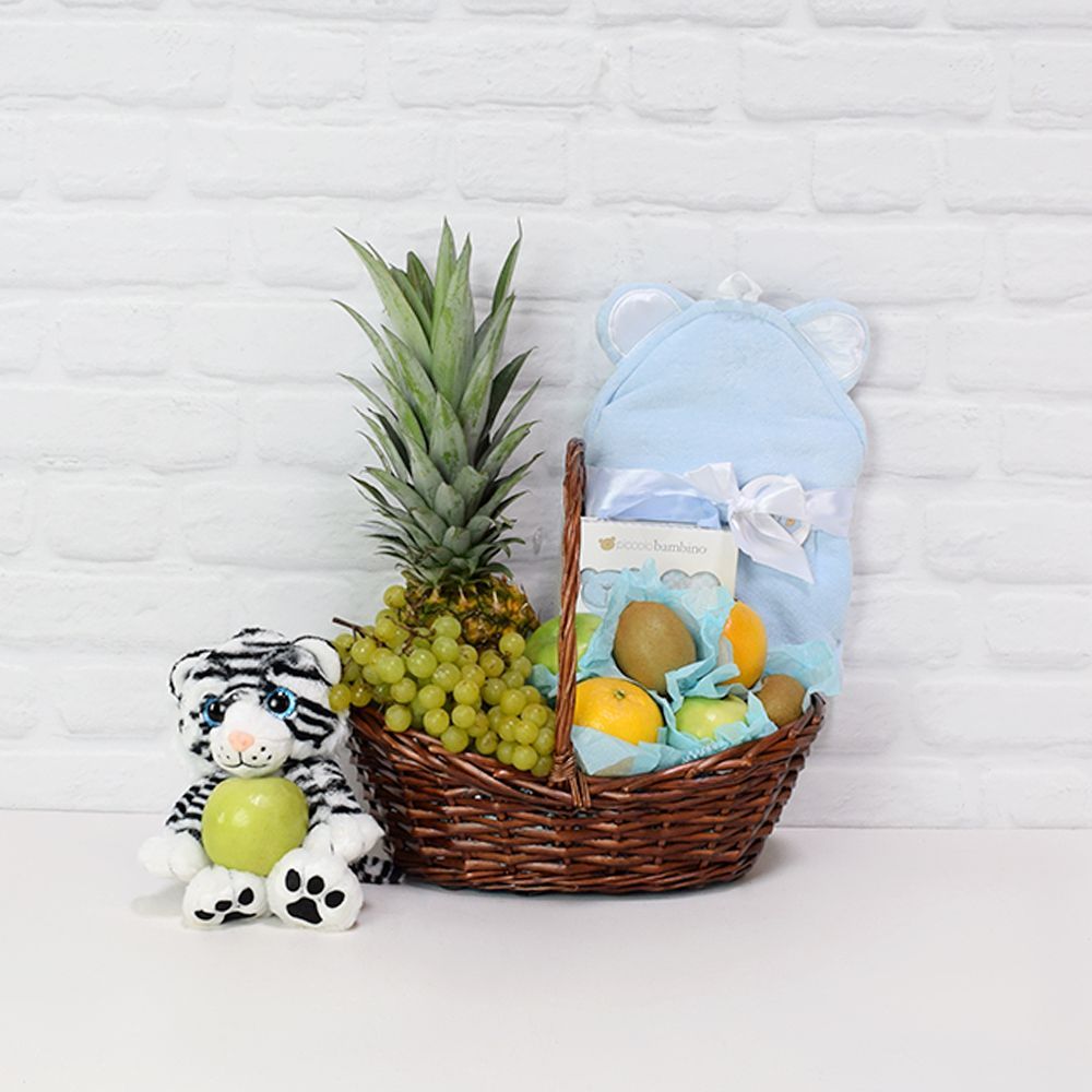 Luxury Baby Gift Basket with Soft Towels and White Tiger Plush – how the gift is presented