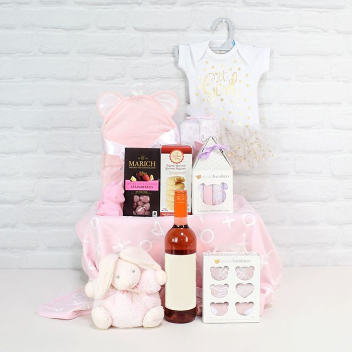 Mommy and Baby Girl Wine Gift Basket with Marich Treats – how the gift is presented