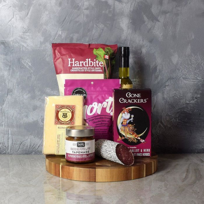 Snack and Acacia Board Basket – how the gift is presented
