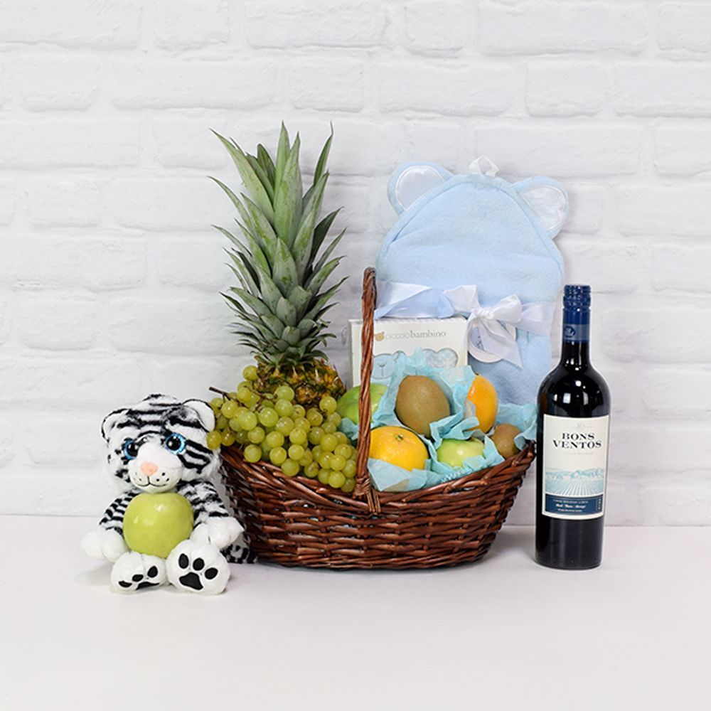 Gift Basket with Wine and Fresh Tropical Fruit Selection – how the gift is presented