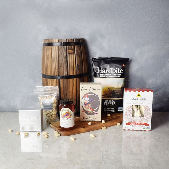 Signature Chocolate Truffle Basket with Acacia Wood Board – how the gift is presented