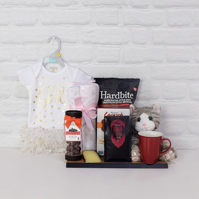 Sophisticated Baby Gift Basket Featuring Coffee, Cheese, and Plush Kitten – how the gift is presented