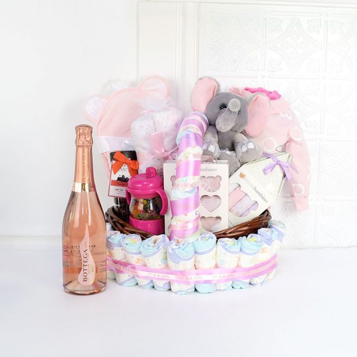 Deluxe Champagne Baby Gift Basket with Marich Chocolate Covered Cherries – how the gift is presented