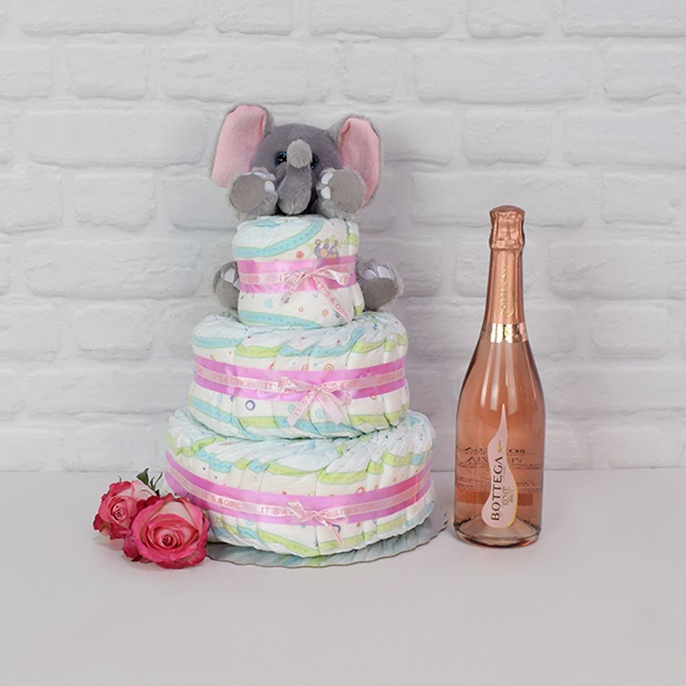 Champagne Gift Basket Featuring a Plush Elephant and Layered Diaper Cake – how the gift is presented